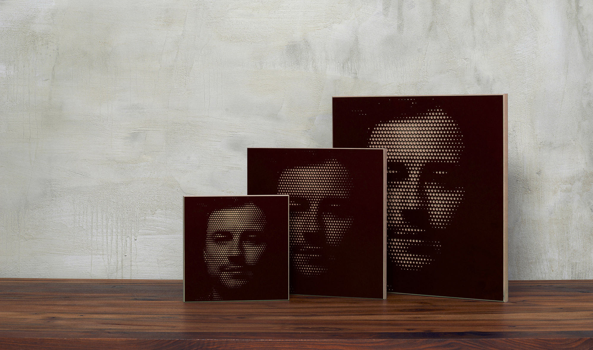 Individuelle Wandbilder aus Holz in 3 unterschiedlichen Größen, schwarz / braun Mann Gesicht